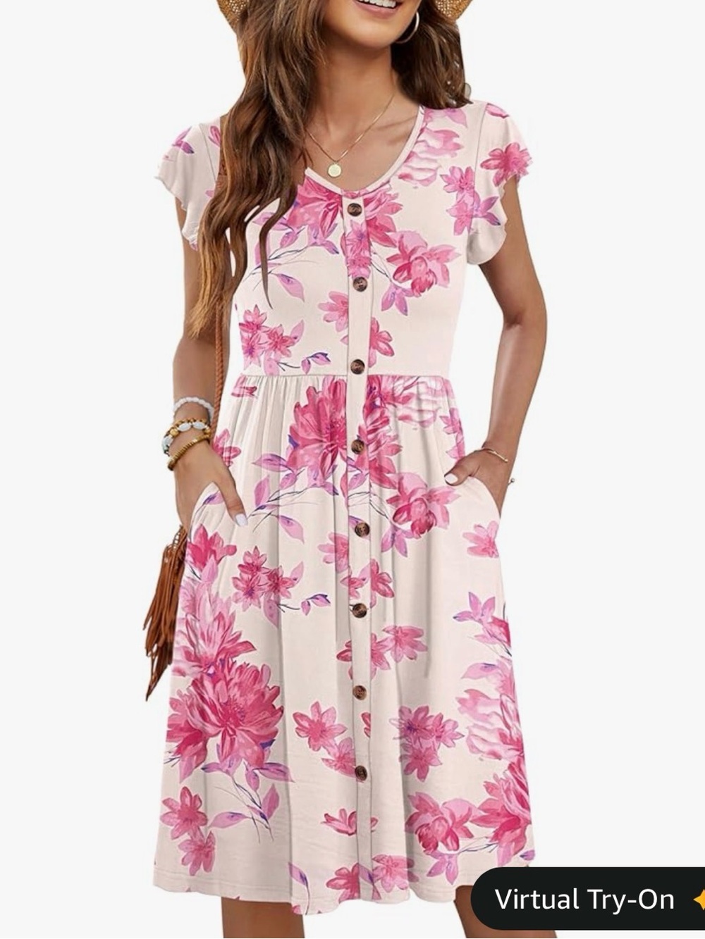 Summer Pink Floral Button-Front Midi Dress